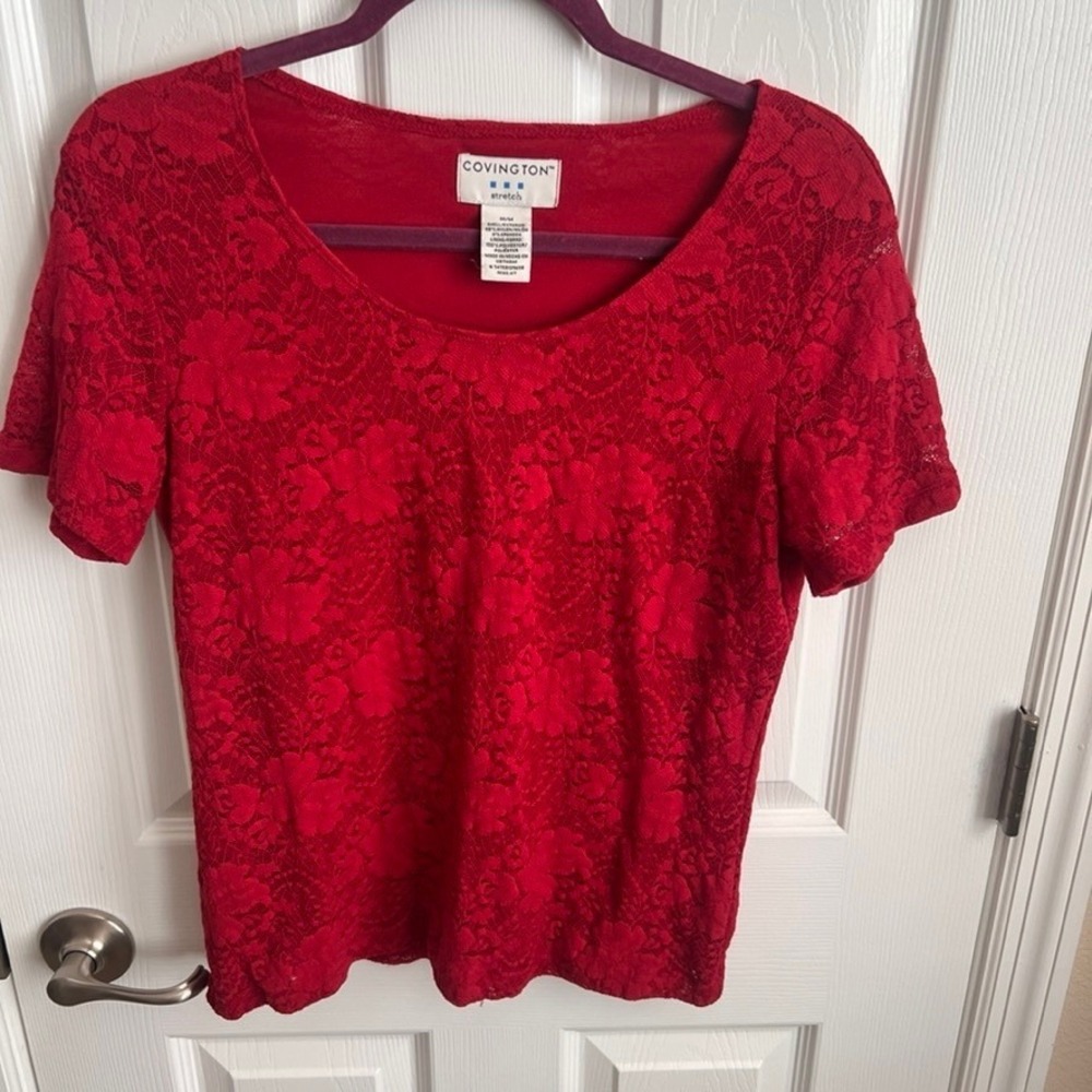 COVINGTON Stretch Red Floral Lace Short Sleeve Scoop‎ Neck Top Women M